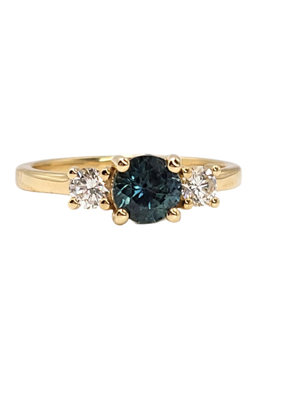 Estate 14 Karat Yellow Gold Montana Sapphire and Diamond Ring