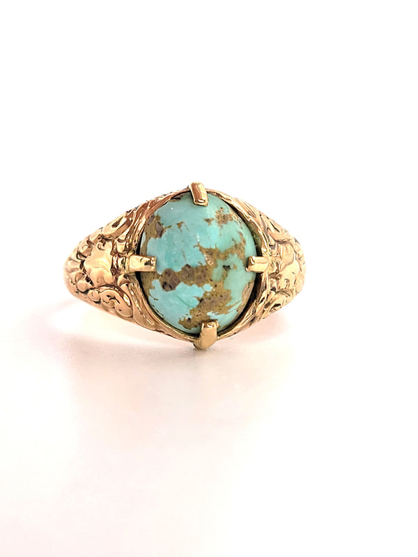 Estate 9 Karat Yellow Gold Art Nouveau Turquoise Ring