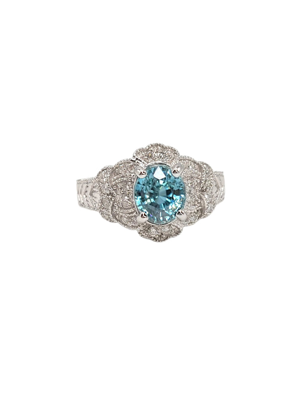 Estate 14 Karat White Gold Blue Zircon and Diamond Ring