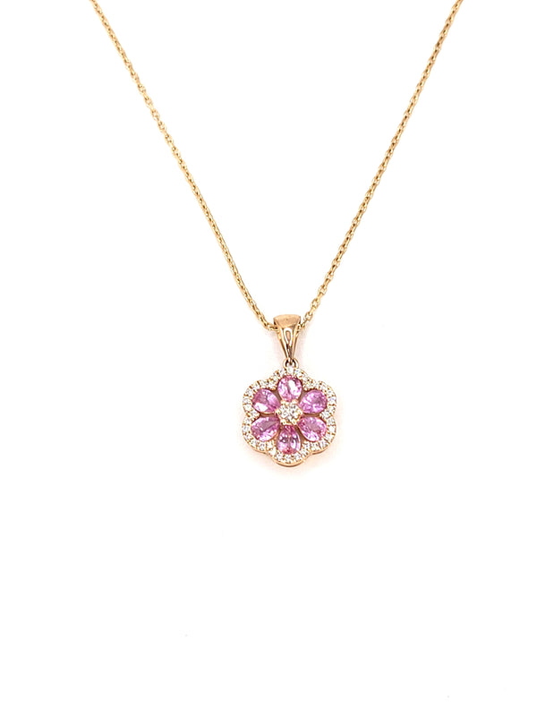 18k Rose Gold Pink Sapphire and Diamond Flower Pendant