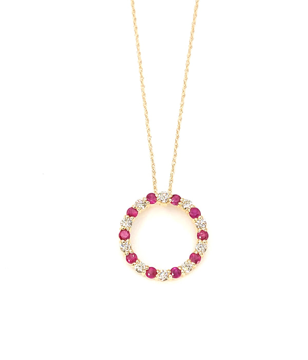 14k Yellow Gold Ruby and Diamond Circle Pendant