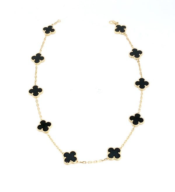 18k Yellow Gold Onyx Clover Station Necklace