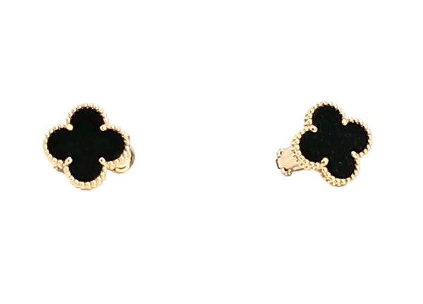 18k Yellow Gold Onyx Clover Earrings