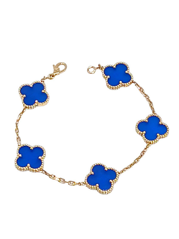 18k Yellow Gold Blue Agate Clover Station Bracelet