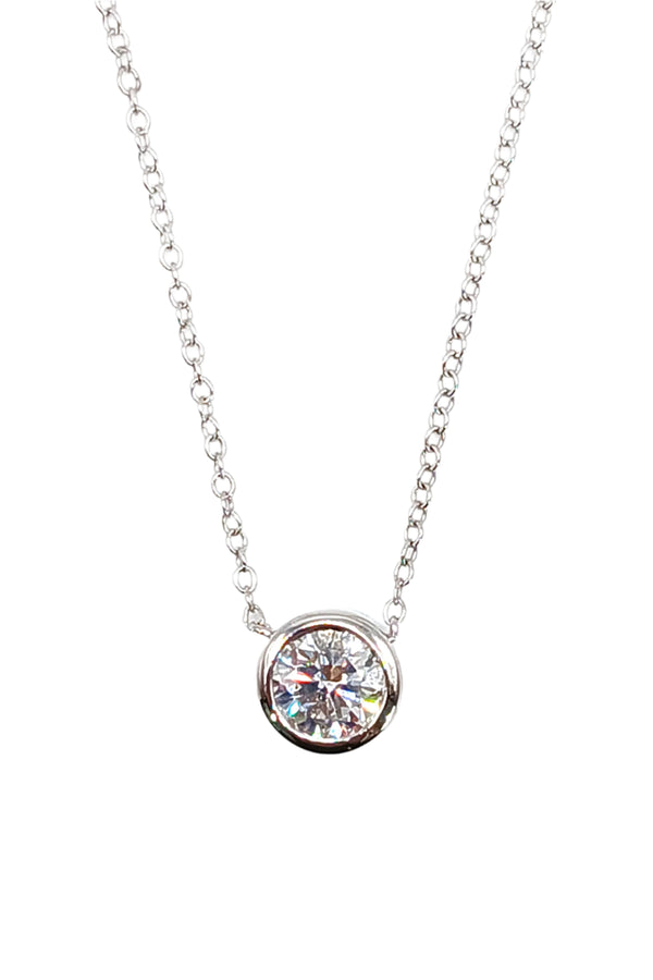 14k White Gold Bezel Set One Carat Diamond Solitaire Necklace