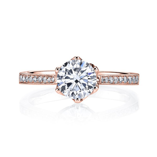 Solitaire Ring Setting with Petal Prongs, Diamond Band and Hidden Halo