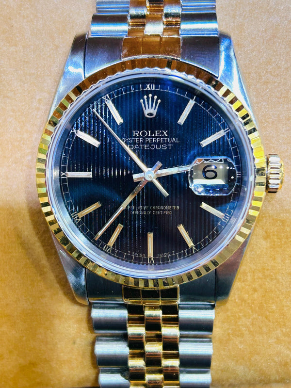 Rolex Date just, Black Tapestry Dial, Two Tone, 36mm, 1996, Box and Papers