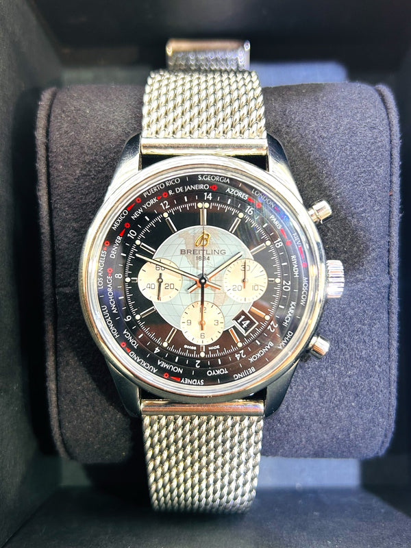 Breitling Transocean Unitime, Black dial, Sterling Silver, 46mm,