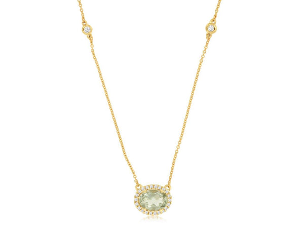 14k Yellow Gold Green Amethyst and Diamond Necklace