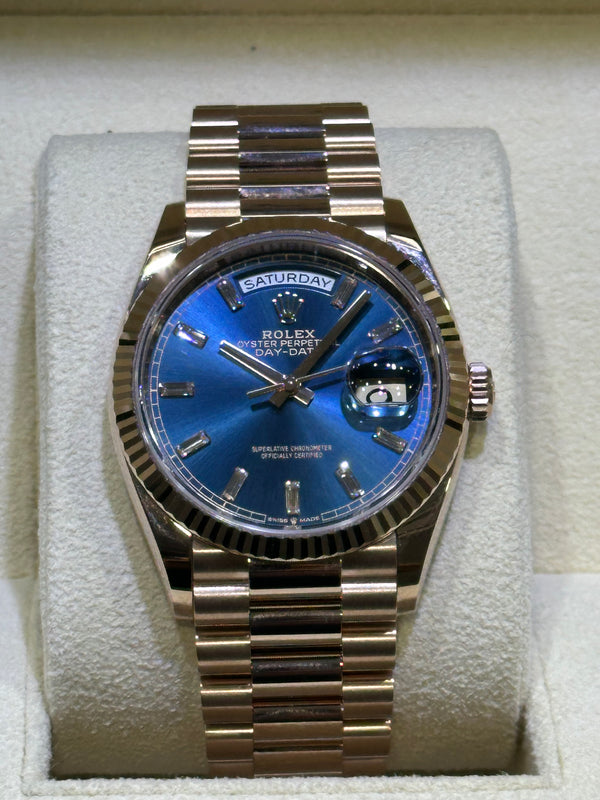 Rolex DayDate36 Presidential, 18K Rose Gold, Blue-Green Baguette Dial, 128235