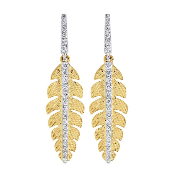 14k Two-Tone Gold and Diamond Feather Drop Earrings