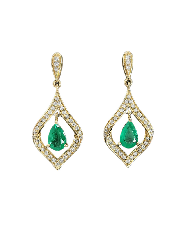 14k Yellow Gold Emerald and Diamond Drop Earrings