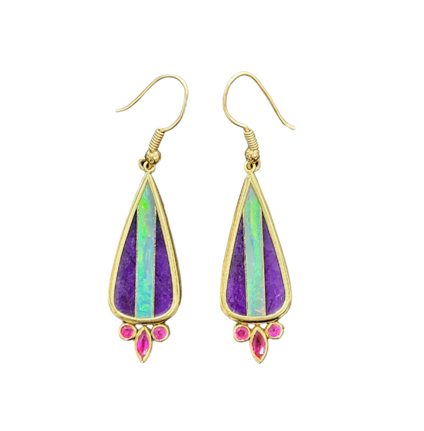 Estate 14 Karat Yellow Gold Opal and Lapis Doublet Earrings with Ruby Accents