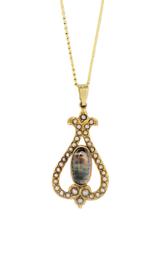 Estate 10 Karat Yellow Gold Victorian Era Moss Agate Pendant