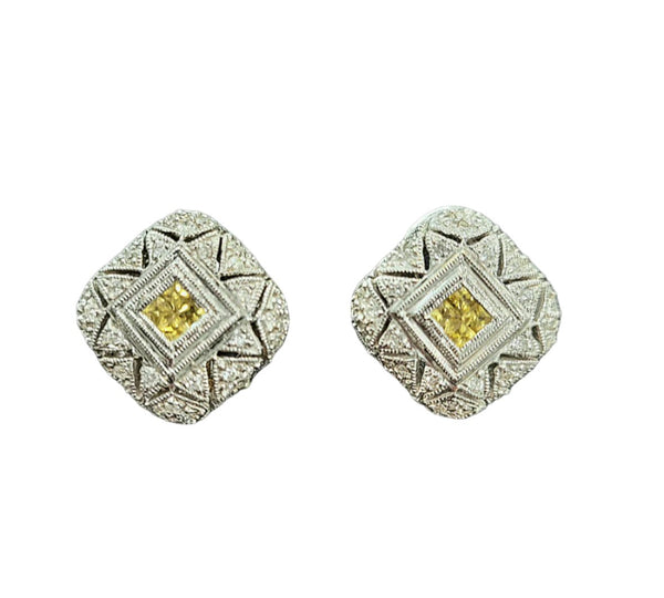 Estate 18k White Gold  "Cushion Form" Yellow Sapphire and Diamond Earrings