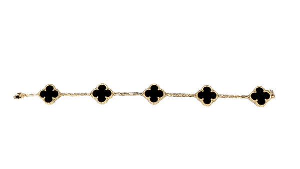 18k Yellow Gold Onyx Clover Station Bracelet