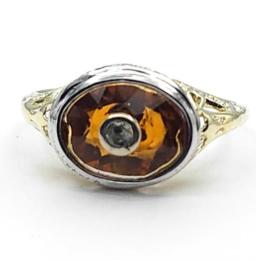 Estate 14 Karat White and Yellow Gold Citrine and Diamond Art Deco Era Ring