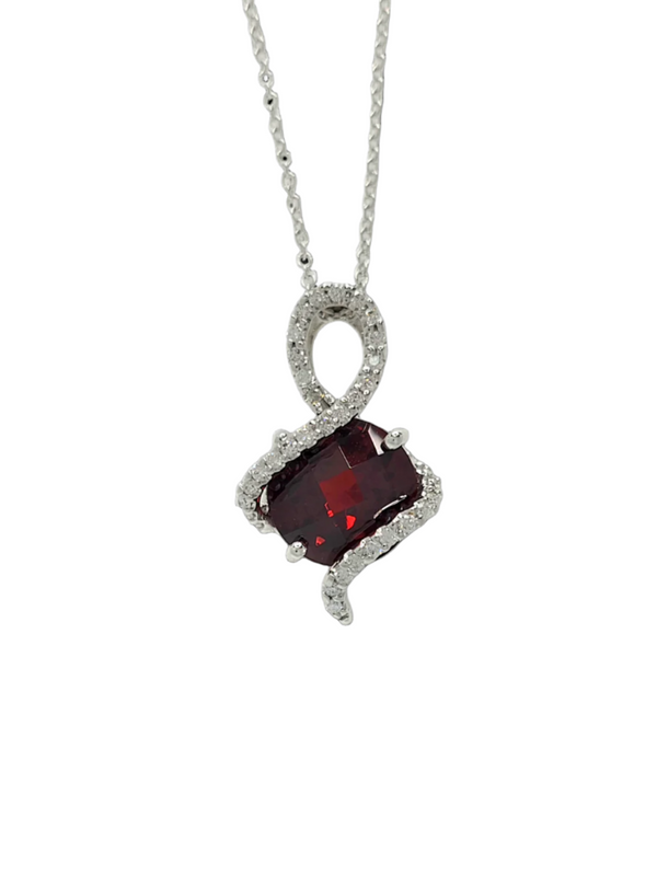 14k White Gold Garnet and Diamond Swirl Pendant