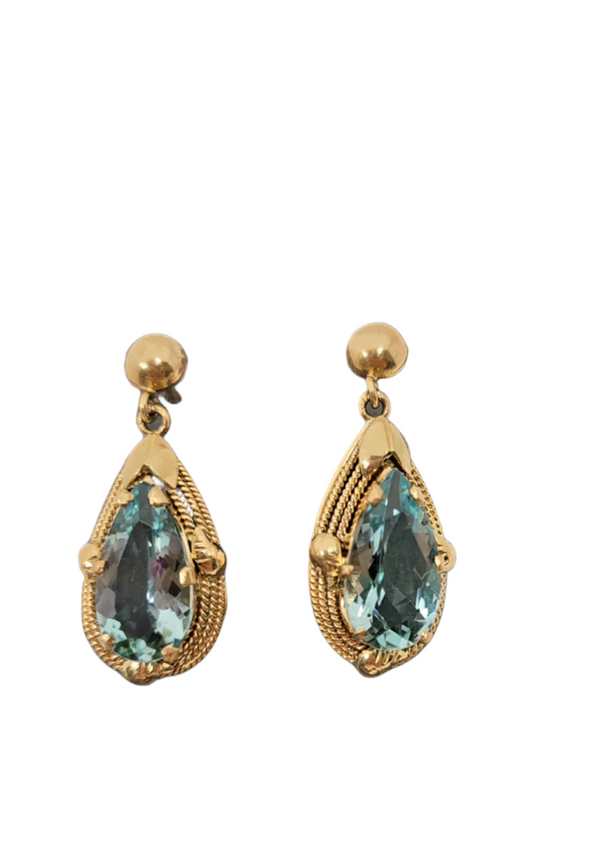 Estate 14 Karat Yellow Gold Retro Era Aquamarine Earrings