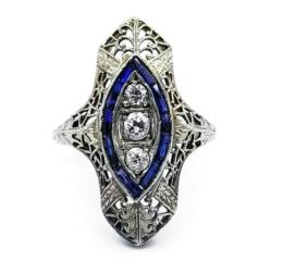 Estate 18 Karat White Gold Synthetic Sapphire and Diamond Art Deco Ring