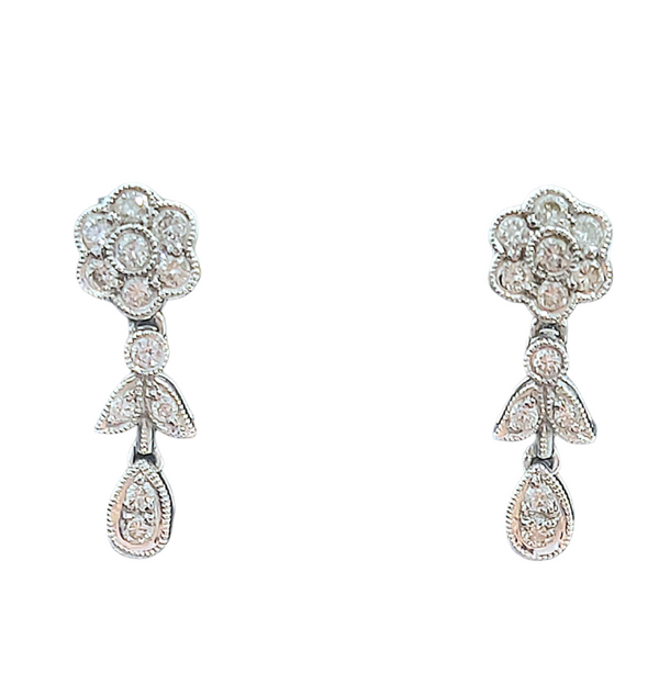 Estate 14 Karat White Gold Diamond Flower Drop Earrings