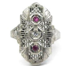 Estate 14 Karat White Gold Ruby and Diamond Art Deco Ring