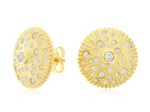 14k Yellow Gold Scattered Diamond Disc Stud Earrings