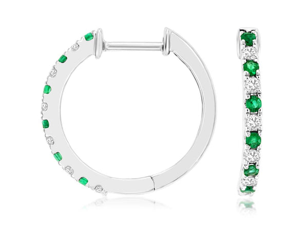 14k White Gold Emerald and Diamond Hoop Earrings