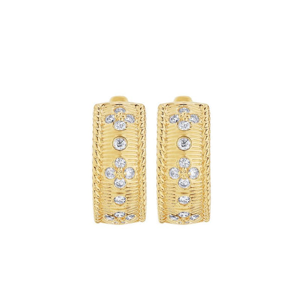 14k Yellow Gold Textured Diamond Hoop Earrings