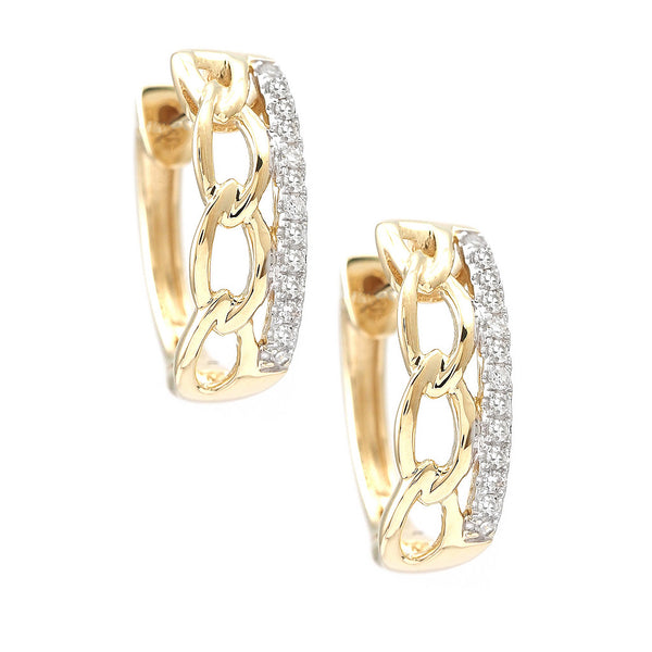 14k Yellow Gold Chain Link Diamond Huggie Earrings