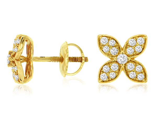 14k Yellow Gold Diamond Flower Stud Earrings