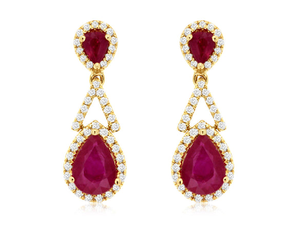 14k Yellow Gold Ruby and Diamond Drop Earrings