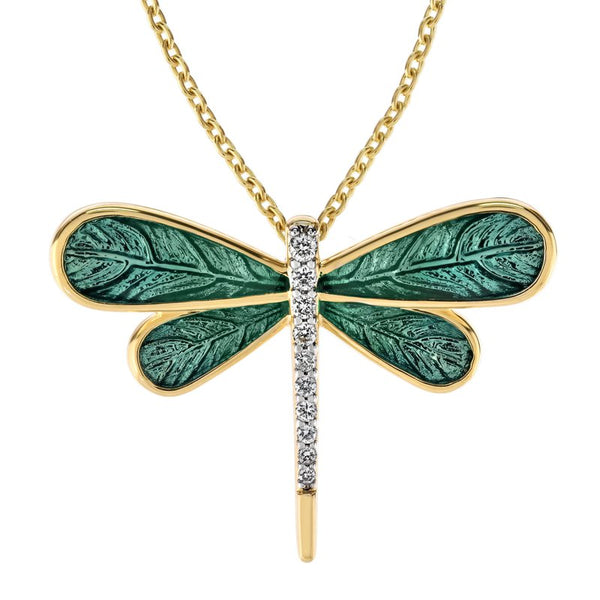 14k Yellow Gold Diamond and Enamel Dragonfly Pendant