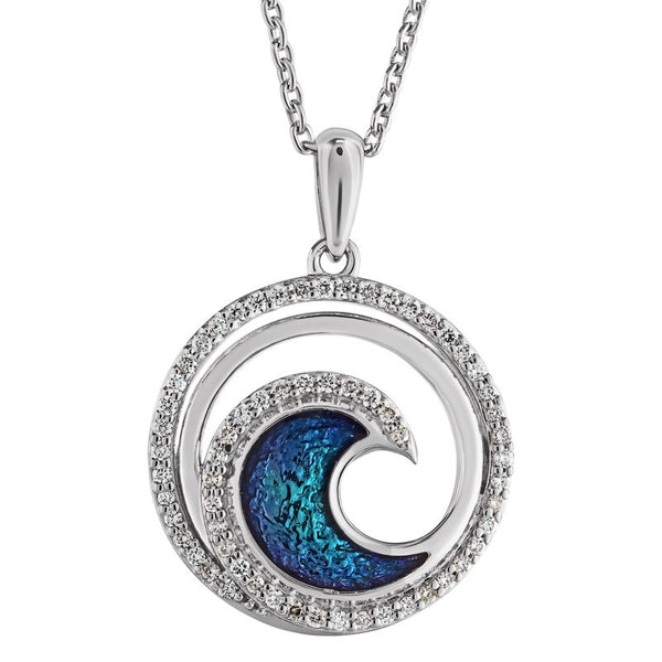 14k White Gold Diamond and Enamel Wave Pendant