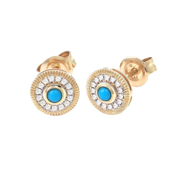 14k Yellow Gold Turquoise and Diamond Stud Earrings